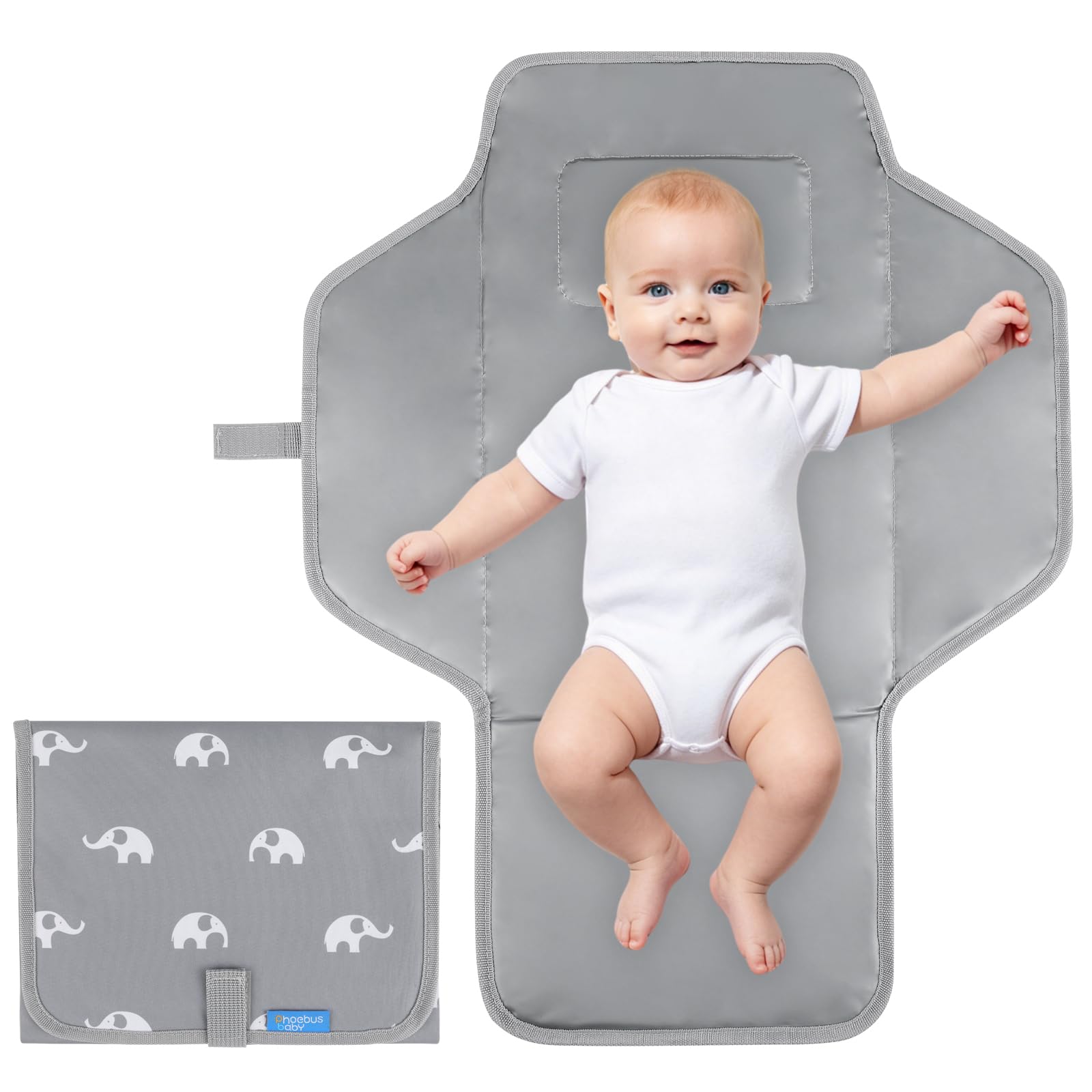 Portable Changing Pad Travel - Waterproof Compact Diaper Changing Mat with Built-in Pillow - Lightweight & Foldable Changing Station, Newborn Shower Gifts(Cute Elephant)