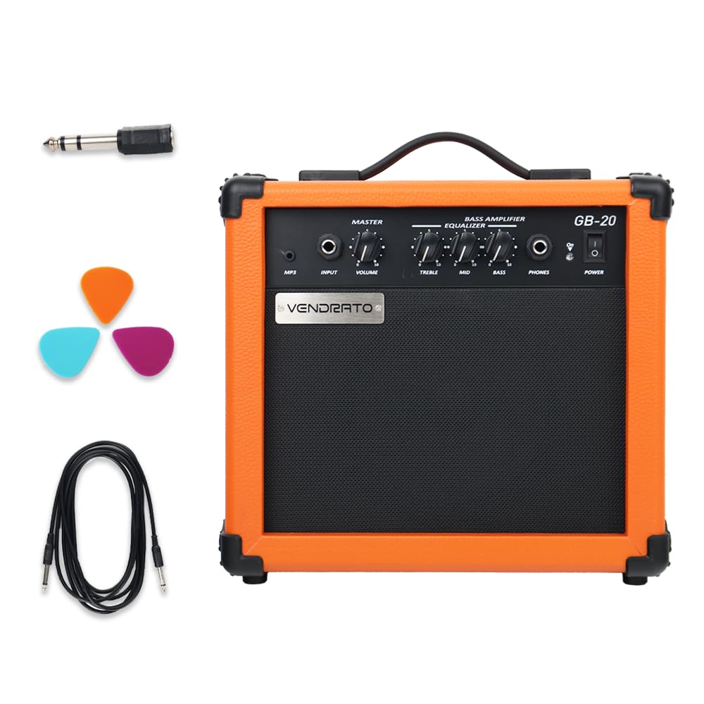Electric bass Amplifier 20w amp Orange Color Multi Band Treble Middle bass mp3 Headphone Jack Portable for Starter Beginner Travel Amp Practice noiseless Cable Picks and Adapter with-image-32