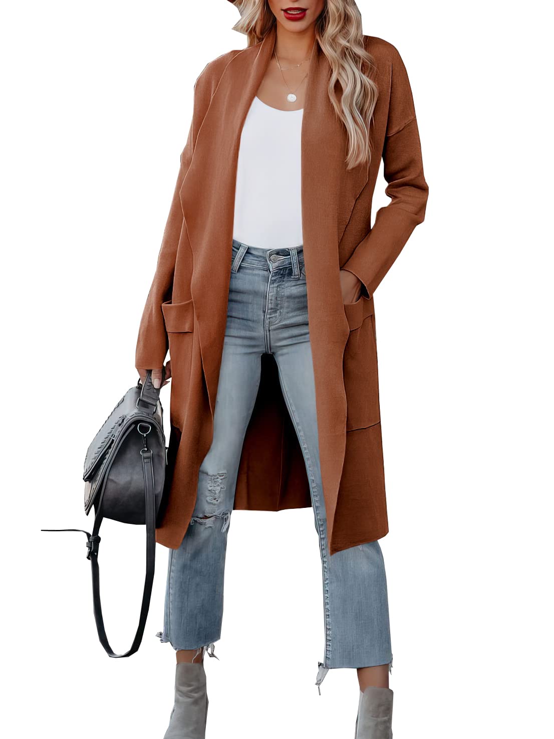 kinstell Lässige Damen-Strickjacke, langärmelig, vorne offen, drapiert, Lange Strickjacke, Jacken, Pullover, Mantel, Blazer mit Taschen