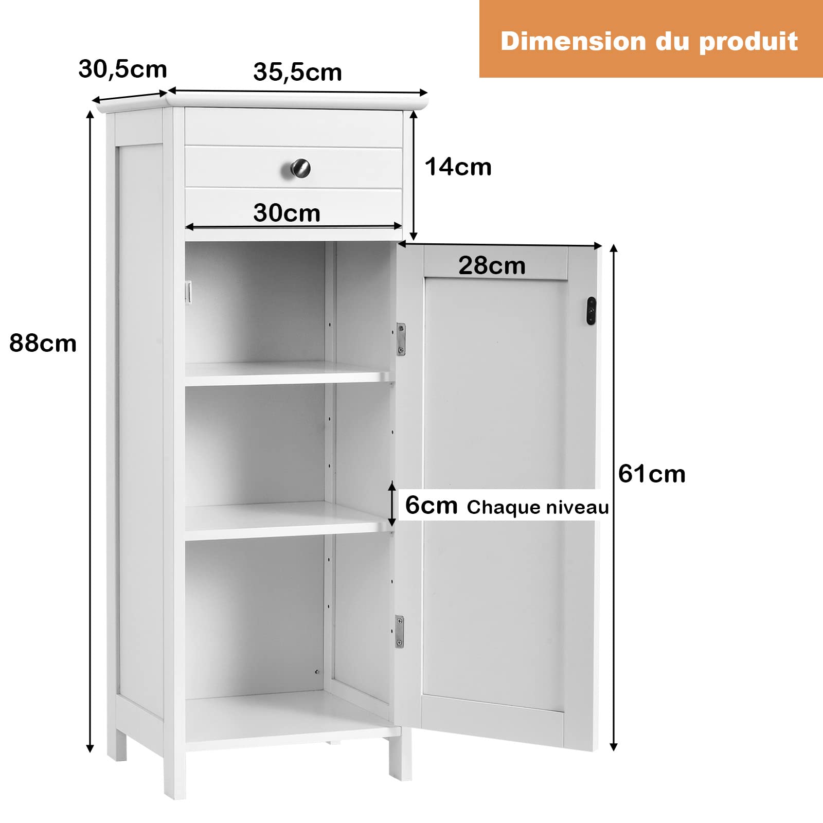 GIANTEX Meuble sur Pied pour Salle de Bain, Meuble d'Appoint Grand Tiroir et 2 Etagères Réglables avec Porte pour Chambre, Salon, 35,5x30,5x88 cm