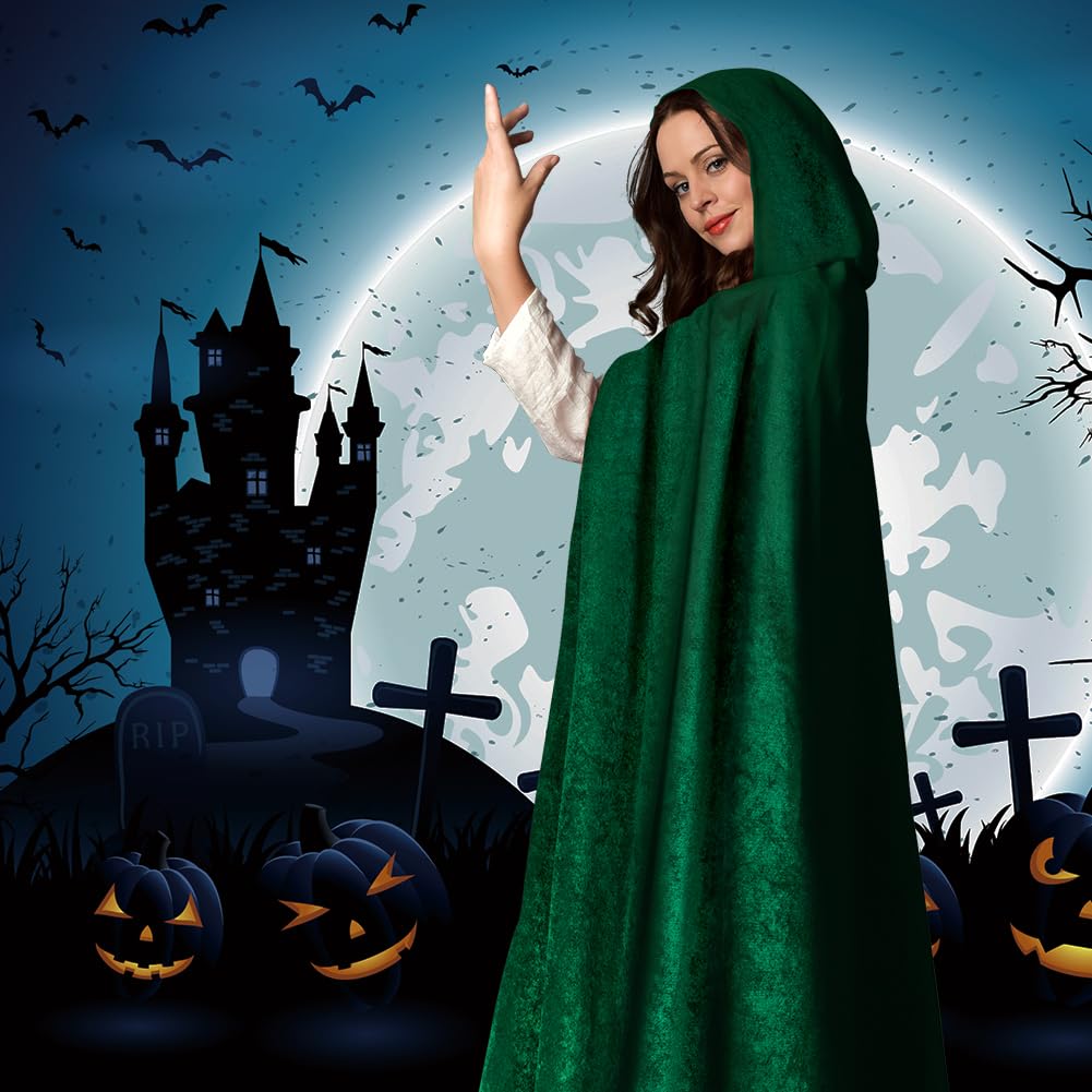 AOOWU Zielona peleryna, Halloween, peleryna z kapturem, czarownica, akcesoria do cosplay, kostium dla dorosłych, ponury żniwiarz, peleryna, długi płaszcz dla wampira, na Halloween, imprezę rodzinną