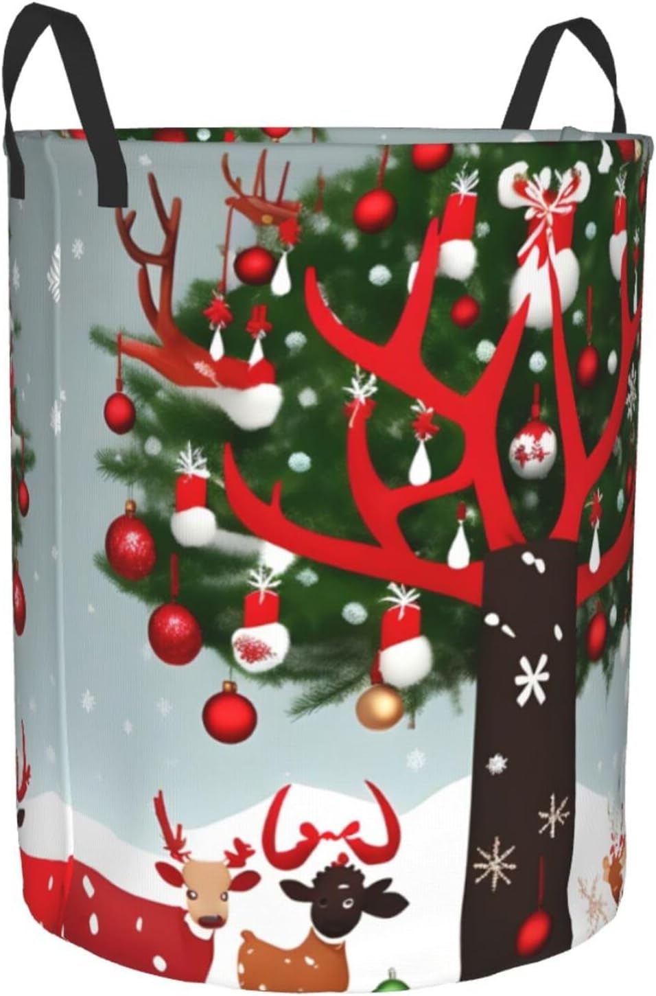 Cow Deer Trees Christmas Print Circular Protable Storage Bin,Basket For Laundry Hamper With Handles Bedroom Clothes