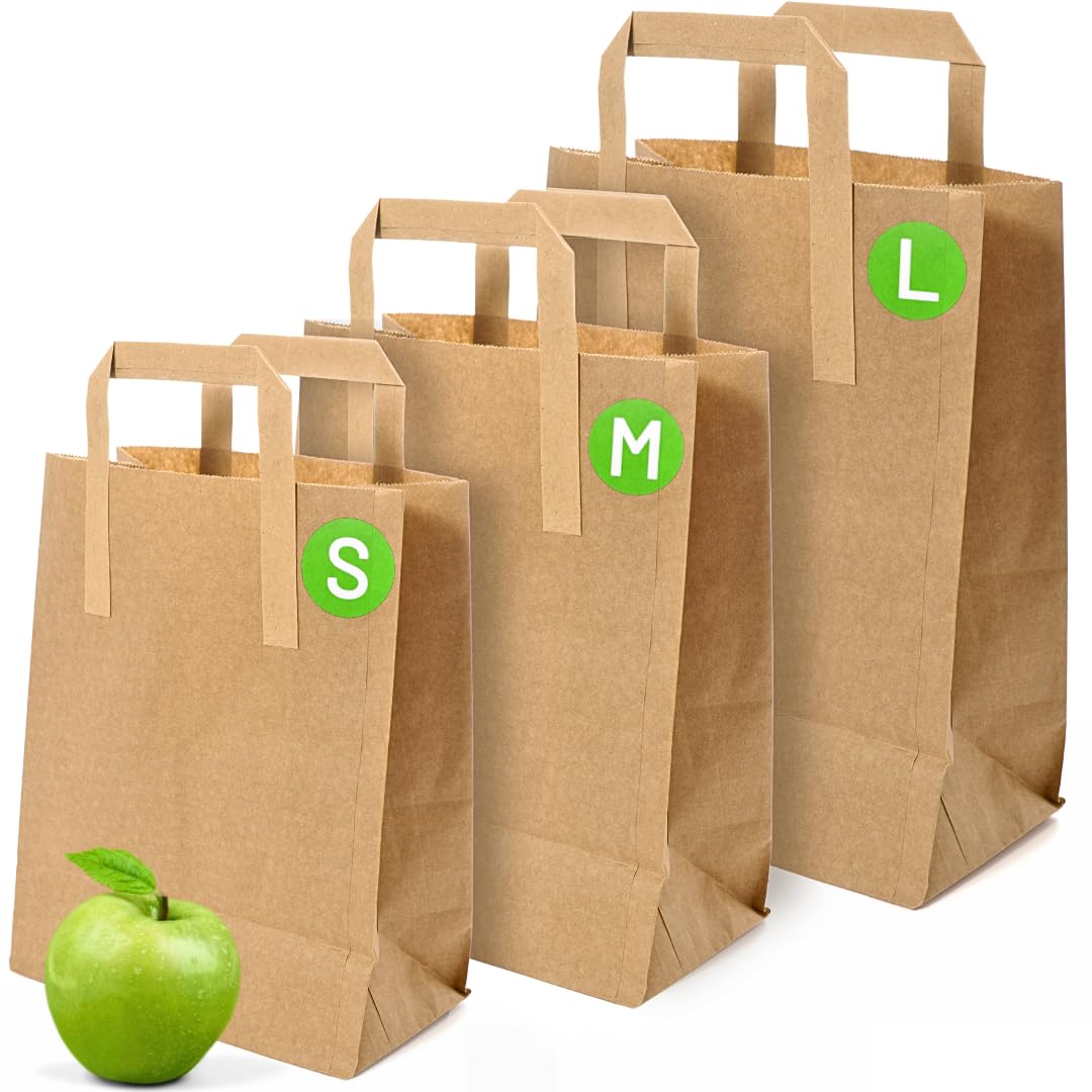 PWgoodsBrown Paper Bags with Handles - Large 12 x 10 x 5", 50 Pack, 80gsm Kraft Material, Takeaway Lunch Grocery Shopping Gift Party