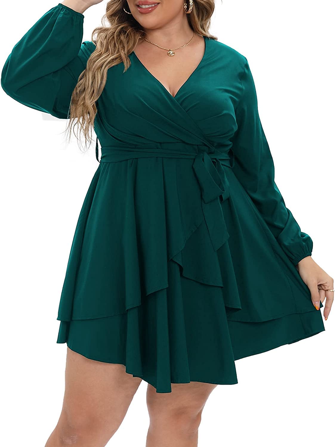 TASHVIKA'S Women's Plus Size Casual Long Sleeve Ruffle Wrap Mini Dresses