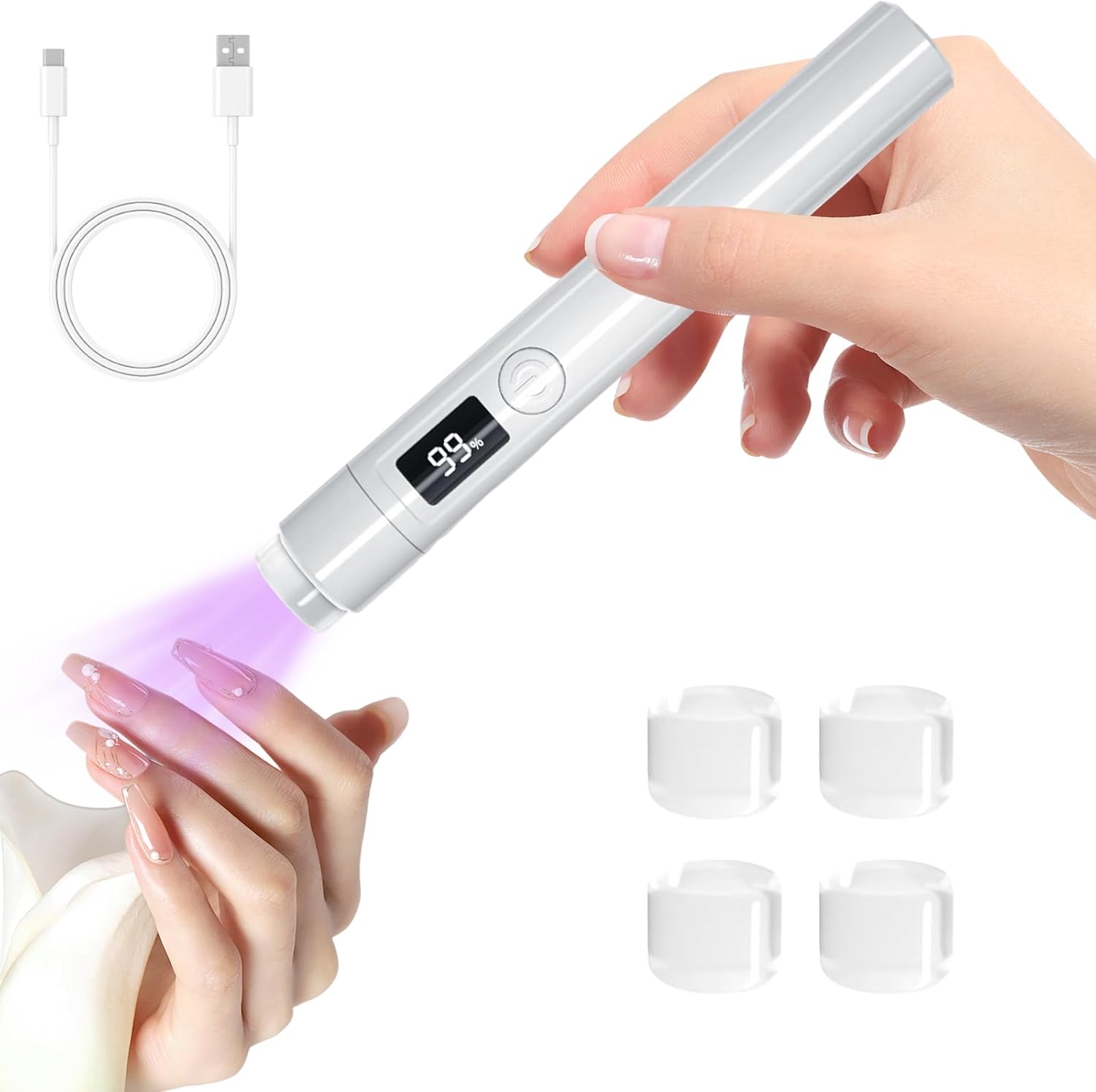 Draagbare mini-uv-lamp, nagels met standaard en 4 siliconen koppen, oplaadbare led-uv-lamp, 2 tijdstanden, draagbare kleine uv-lamp voor gelnagels, Quick Curing of Nail Glue Nail Tips