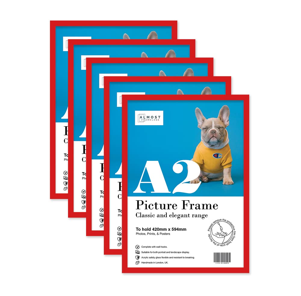 Almost Frameless Red A2 Picture Frame Set Of 5, Display A2 Picture Gallery Wall, Poster, Photo, Artwork, Or Print,
