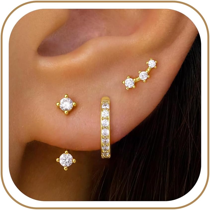 3 Pairs Dainty Small Earrings for Women Trendy, Birthstone Stud Huggie Hoop Jacket Stack for Cartilage Helix, Gold Plated Hypoallergenic Cute Women Fashion Accessories Western Jewelry Gifts