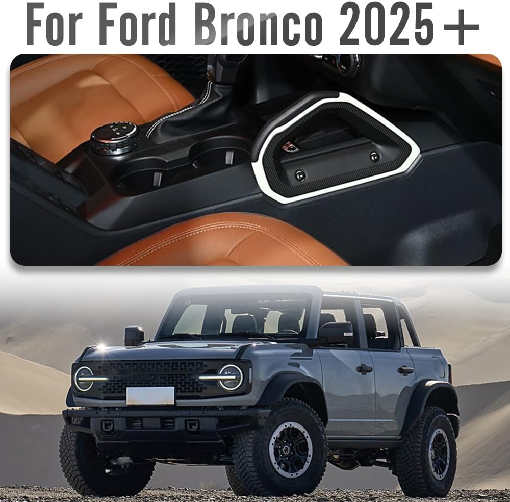 Gear Shift Panel Trim for Ford Bronco Raptor Everglades Wildtrak Off-Roading Auto Transmission 2021 2022 2023 2024 2025,Carbon Fiber Center Console Cup Holder(Not for Bronco Sport/MT) (2025 Glossy)