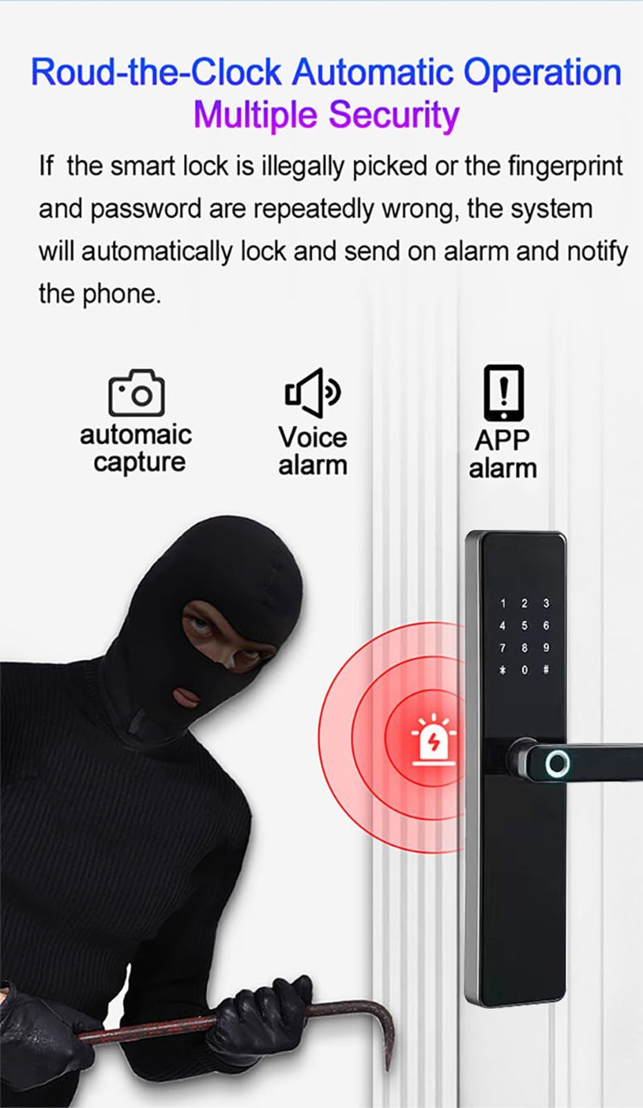 Serratura Porta D'Ingresso Senza Chiave App di Sblocco Remoto Allarme Vocale Serrature Intelligenti Porta D'Ingresso Codice Bluetooth Smart Lock Elettrico Senza Fili(Bronze)