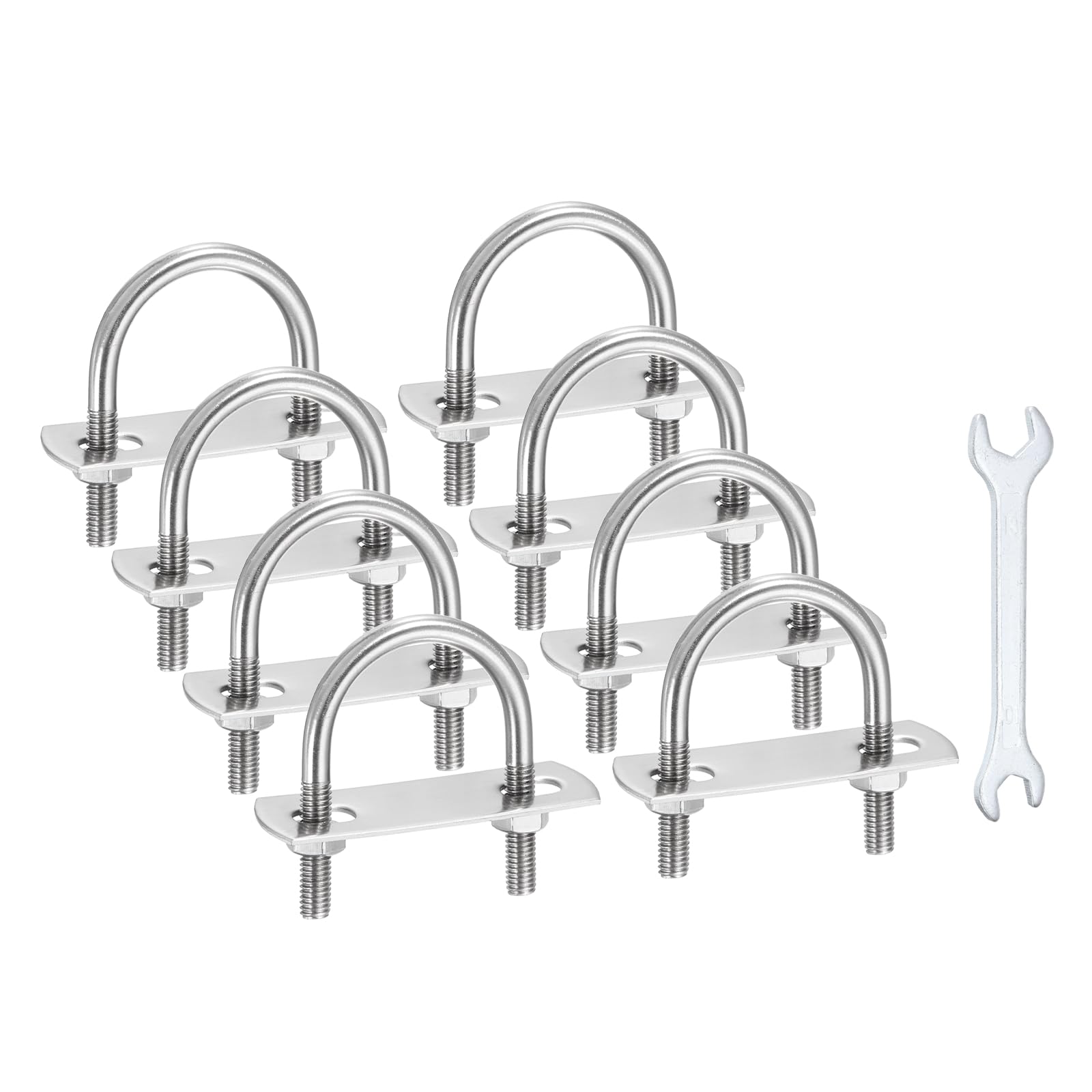 sourcing map 8Pcs M6 U-Bolts, 2.12"(54mm) Inner Width 2.12"(54mm) Length 304 Stainless Steel Round Bend U Bolts with Nuts Frame Plate Washers and Wrench for Trailers Boats Axle Sailboat