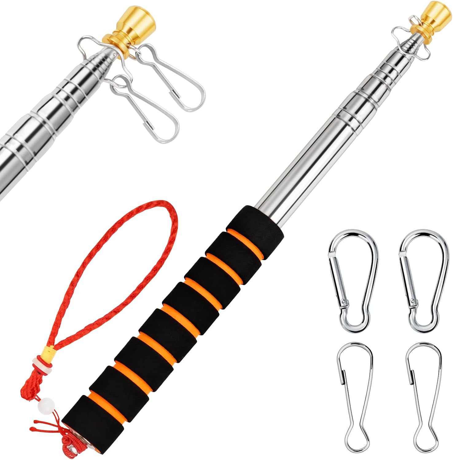 Portable Handheld Flag Pole for Carrying, 8.2Ft/2.5M Stainless Steel Telescopic Hand Held Carry Flag Pole, Telescoping Tour Guide Flag Pole Extendable Hand Flagpoles for 3x5 4x6 flags with 4 Pcs Clips