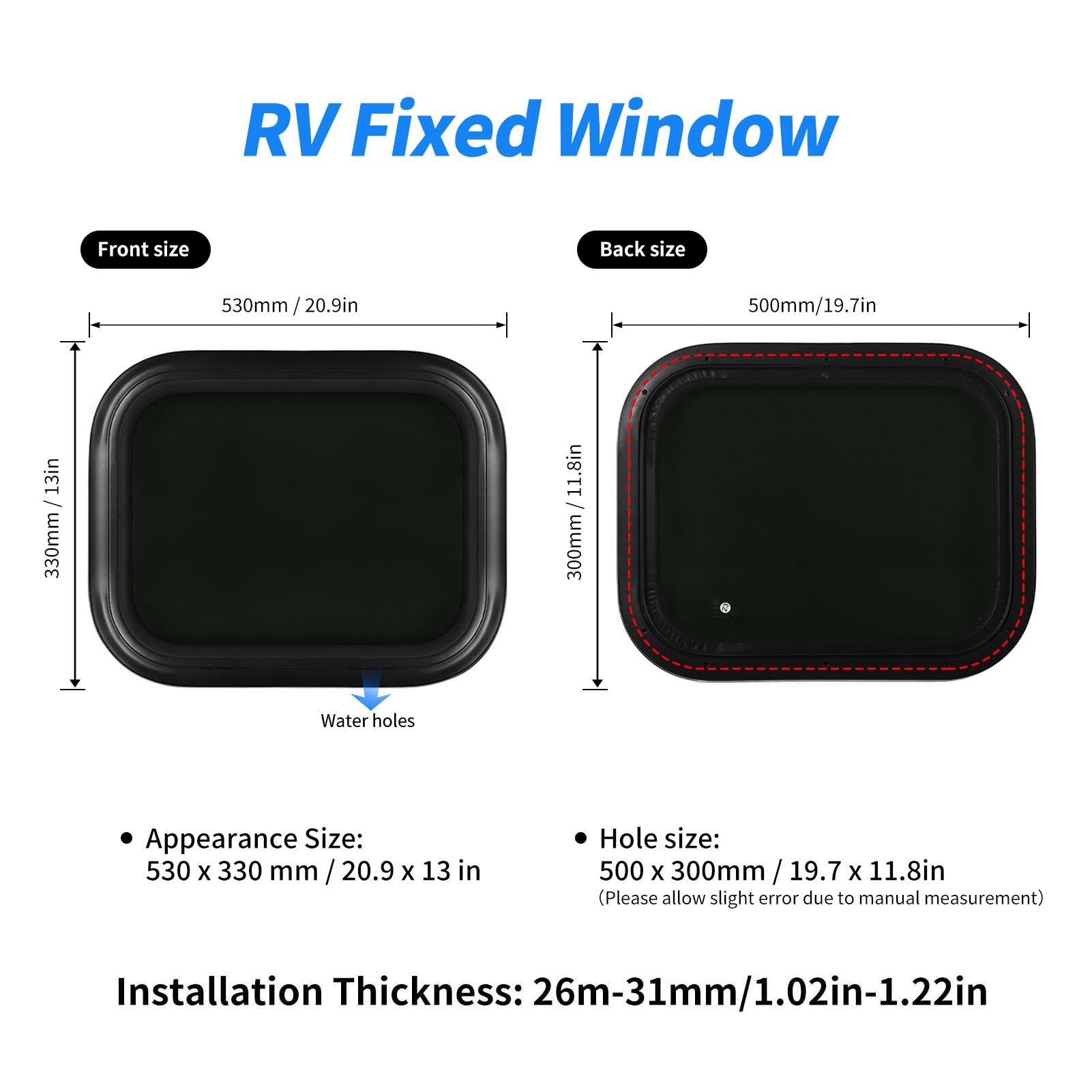 Akozon Naprawiono Okno Rv 500X300Mm Czarne, Przeciwdeszczowe, Okrągłe Okno Narożne ze Stopu Aluminium ze Szkłem Hartowanym do Przyczepy Kempingowej do Przyczepy Kempingowej (ścian o grubości