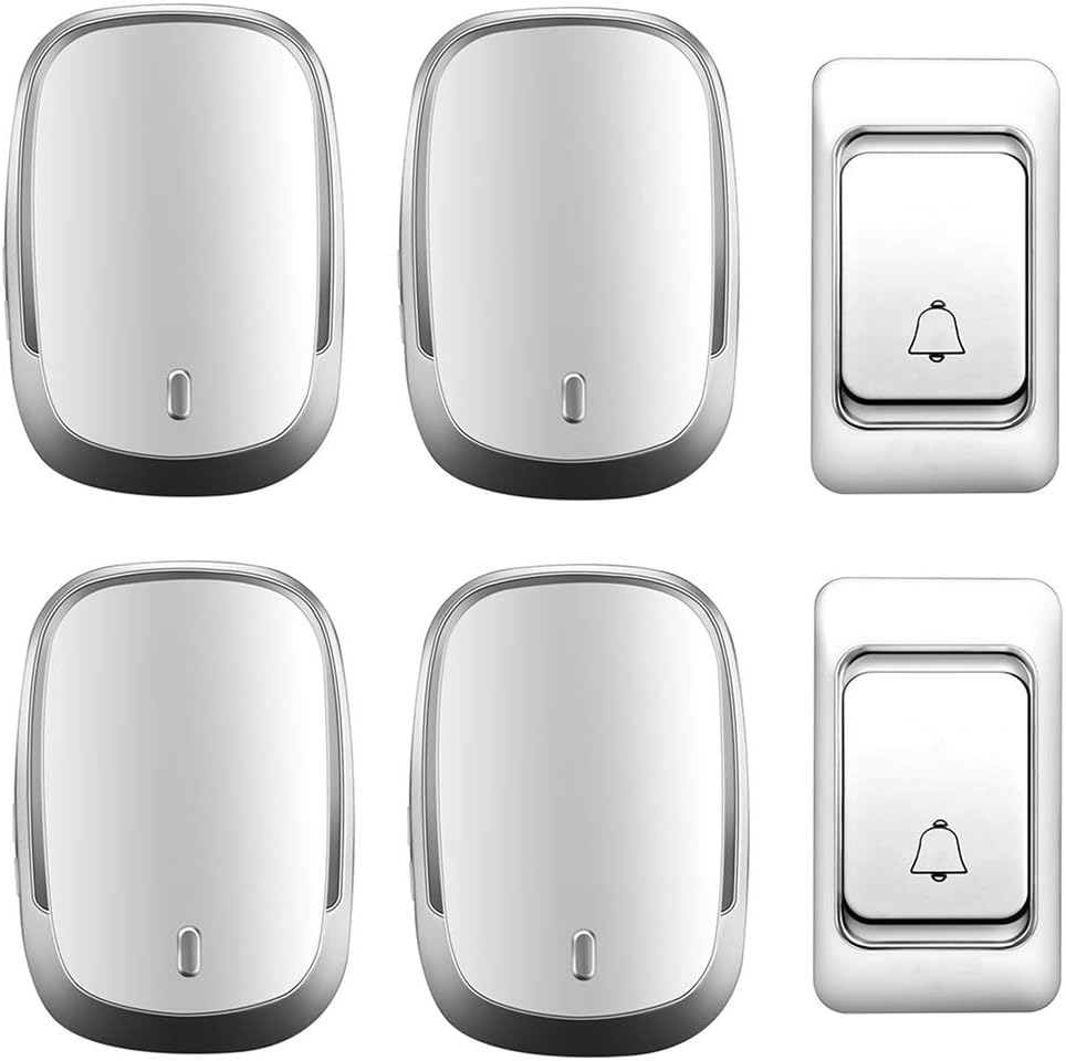 Wireless Doorbell Waterproof, 300M Range 4 Volume Levels Wall Plug-in Cordless Doorbell, 2 Transmitters 4 Receivers, 36 Music Melody/Intelligent Flashing Light Remind,Black,Silver