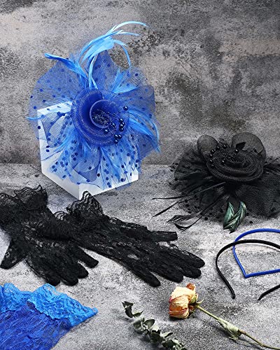 Satinior 2 Sets Fascinators Hats Lace Gloves For Women, Tea Party Hats For Women Feathers Hair Clip Flower Veil Mesh, Black, Blue #TOP6