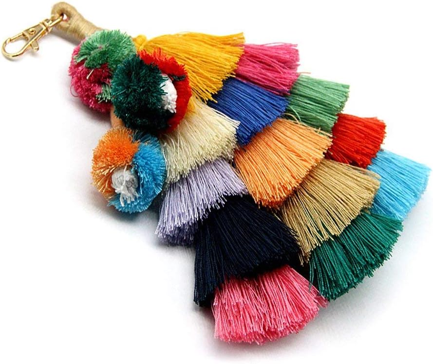LITOON Tassel Pom Pom Key Chain Colorful Boho Charm Key Ring, Fashion Accessories for Women
