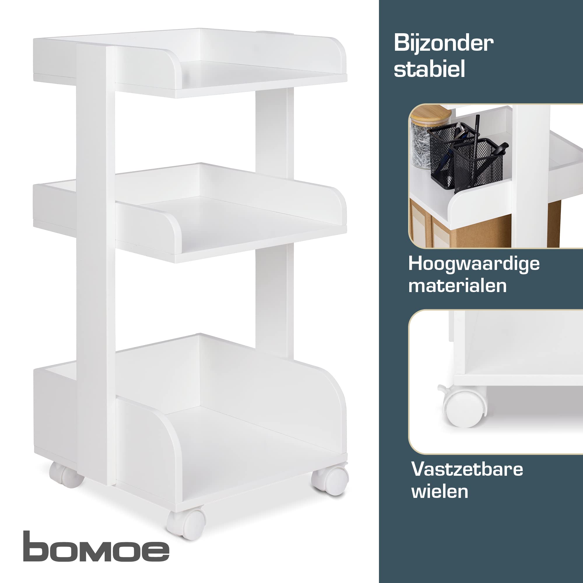 Bomoe Opbergwagen op 4 Zwenkwielen met Rem & 3 Etages Bosse - FSC® Houten Rolwagen Serveerwagen Keukentrolley voor Keuken Badkamer Kantoor Woonkamer 32x35x69cm Wit