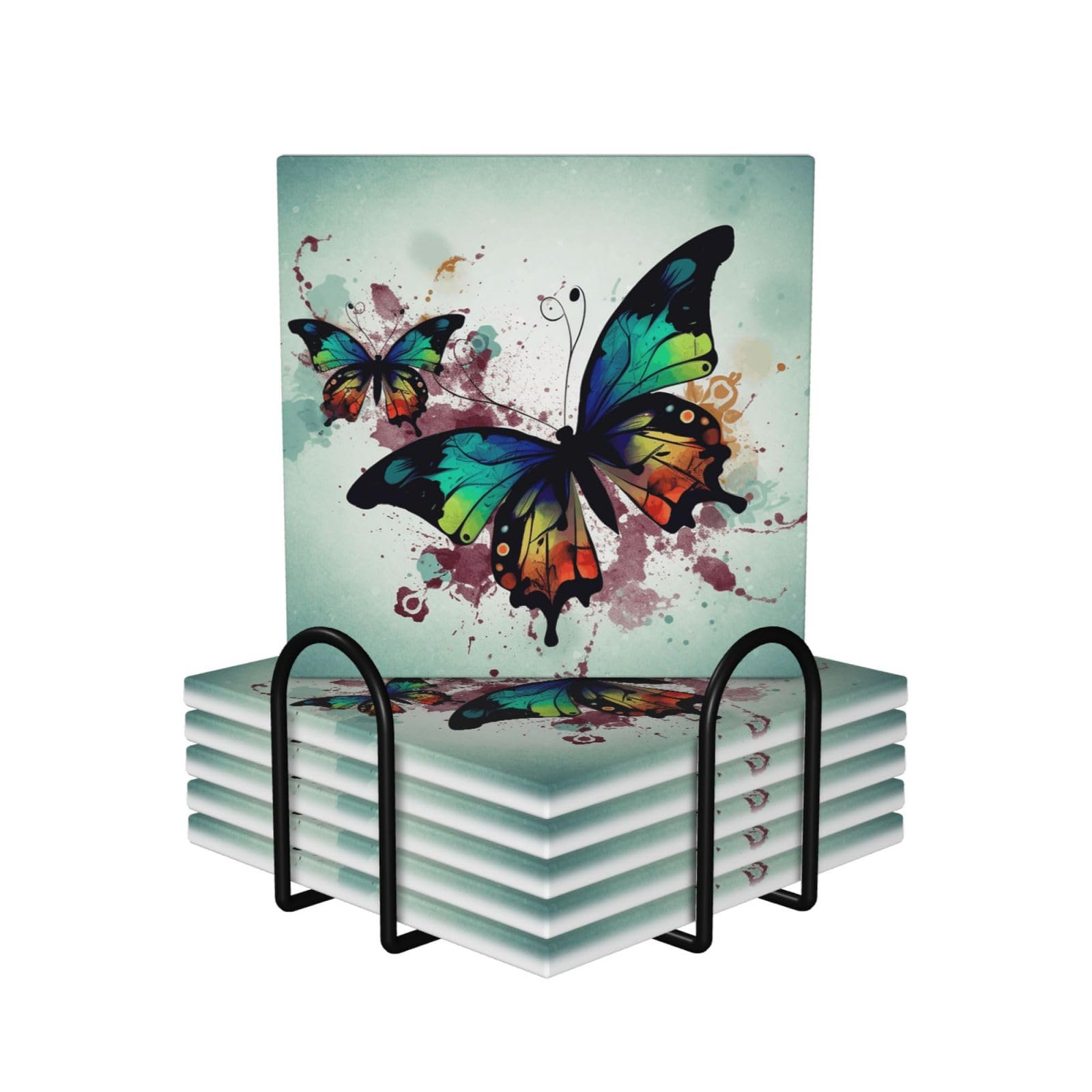 6Pcs Ceramics Coaster for Drinks, Artistic Butterfly Cup Coasters with Holder, Aesthetic Drink Coasters for Coffee Table, Absorbent Round Coaster for Tabletop Protection 4" Cup Mat Pad