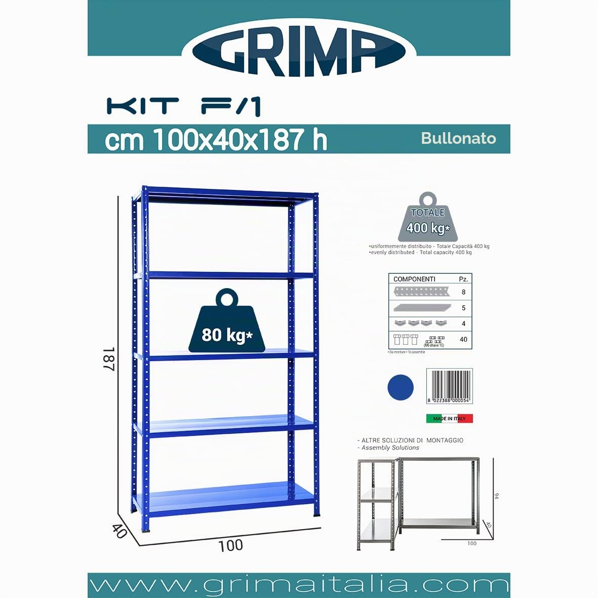 Scaffale in metallo BLU - 100 X 40 X 185h con 5 piani, 80 kg portata per ripiano.