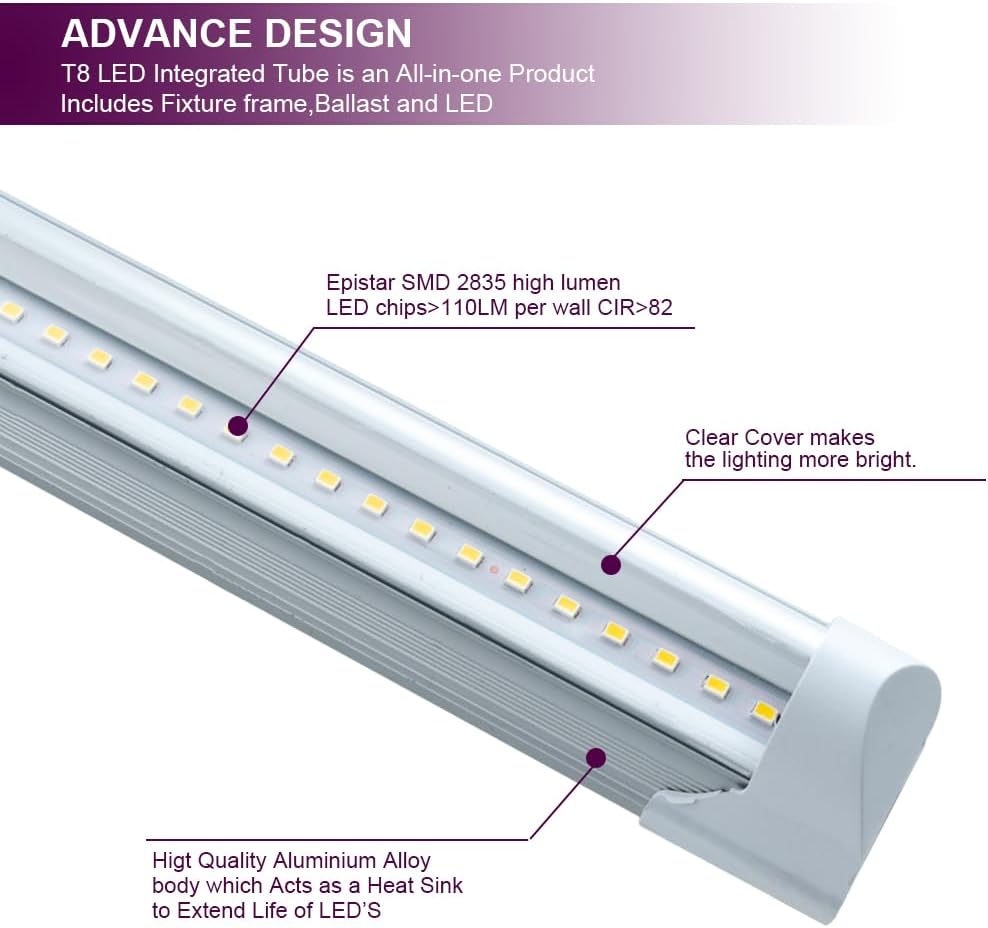 12 Pack LED Shop Light, 4FT 24W 6000K Daylight White Linkable T8 LED Integrated Tube Lights with Clear Cover, LED Bar Lights with On/Off Plug Cable for Garage,Workshop and Workbench