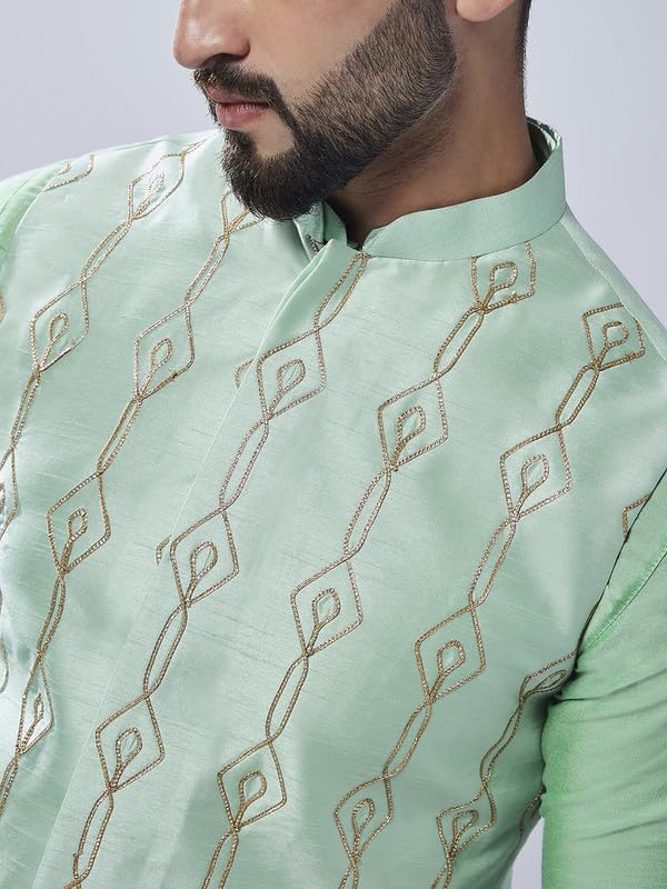 Image of KISAH Men's Kurta Jacket Churidar Set, Sea Green Art Silk, Embellished Regular Fit Long Sleeves Mandarin Collar (S)