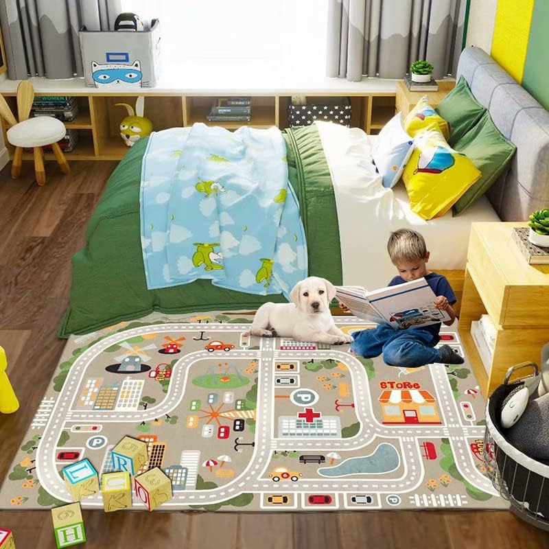 Miniatura 3 de Alfombra de juegos para niños, alfombra de juego de vida urbana para autos de juguete y trenes, alfombra de área de juegos con respaldo de goma,