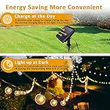 Encendido/apagado automático y 4 modos de iluminación: mediante dos botones ON/OFF puedes controlar las cadenas de luz con 4 modos fácilmente a través del botón de modo en la parte posterior del módulo solar. Esta cadena de luces LED para exteriores con función de sensor de luz integrado se enciende automáticamente por la noche y se apaga automáticamente durante el día. Nota: por favor, retira la película protectora del panel solar y coloca el interruptor en "ON" antes de usar el panel solar.