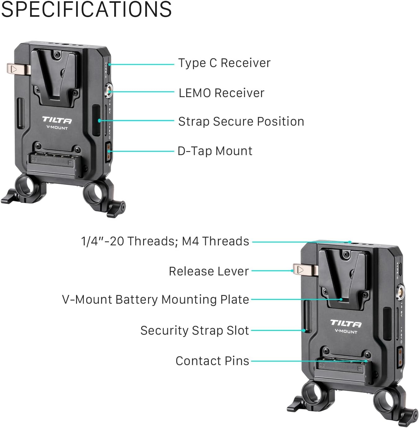 Tilta Mini PD V Mount Battery Plate – Black | Include P-Tap, USB-C and 2-Pin Lemo Connections | Security Straps | Compatible with Dual 15mm LWS Rods | Features 1/4”-20 and M4 Threads