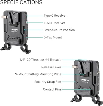 Tilta Mini PD V Mount Battery Plate Black | Include P-Tap, USB-C and 2-Pin Lemo Connections | Security Straps | Compatible with Dual 15mm LWS Rods | Features 1/4-20 and M4 Threads