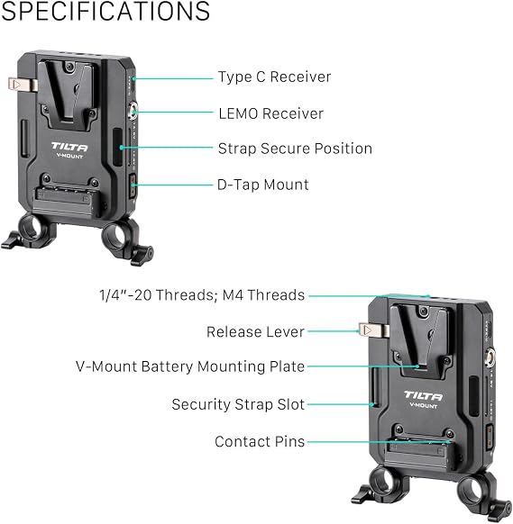 Tilta Mini PD V Mount Battery Plate Black | Include P-Tap, USB-C and 2-Pin Lemo Connections | Security Straps | Compatible with Dual 15mm LWS Rods | Features 1/4-20 and M4 Threads