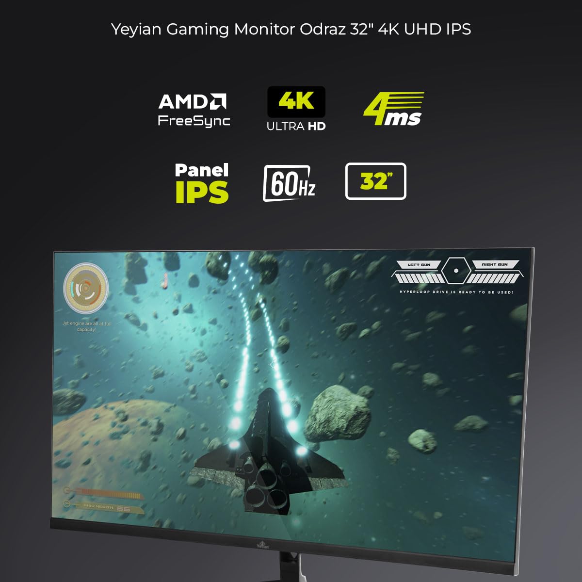 YEYIAN Monitor Plano Gaming 32” 4K UHD HDR | 3840x2160 | IPS | View 178° | 1000:1 | 60 Hz | 16:9 | 1 Billon Colores | Respuesta 4 ms | NVIDIA G-Sync AMD FreeSync | Altavoces | VESA | DP/HDMI/USB