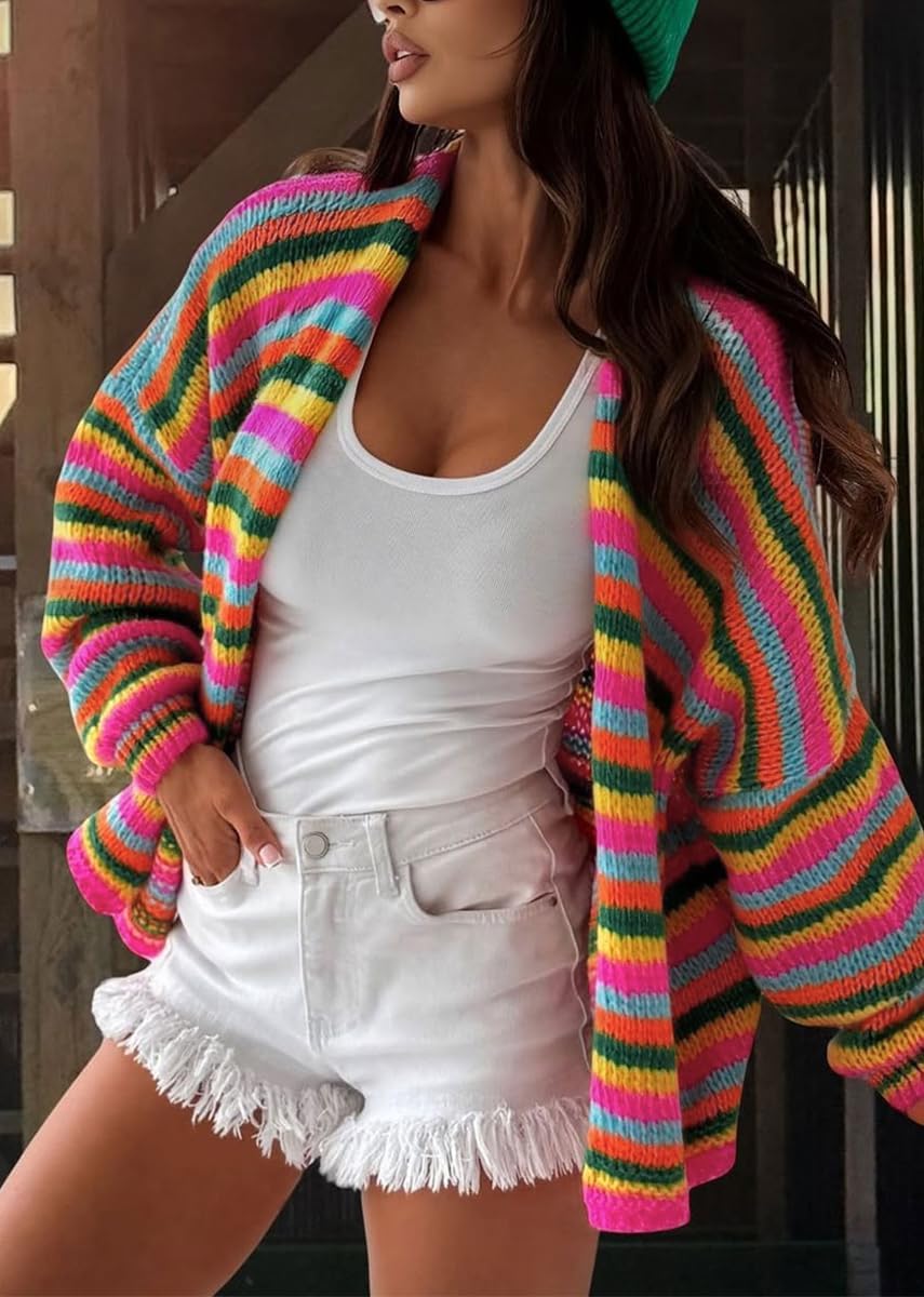 chouyatou Women's 2025 Fall Contrast Color Striped Cardigan Sweater Open Front Chunky Knit Cardigan Jacket - Image 2