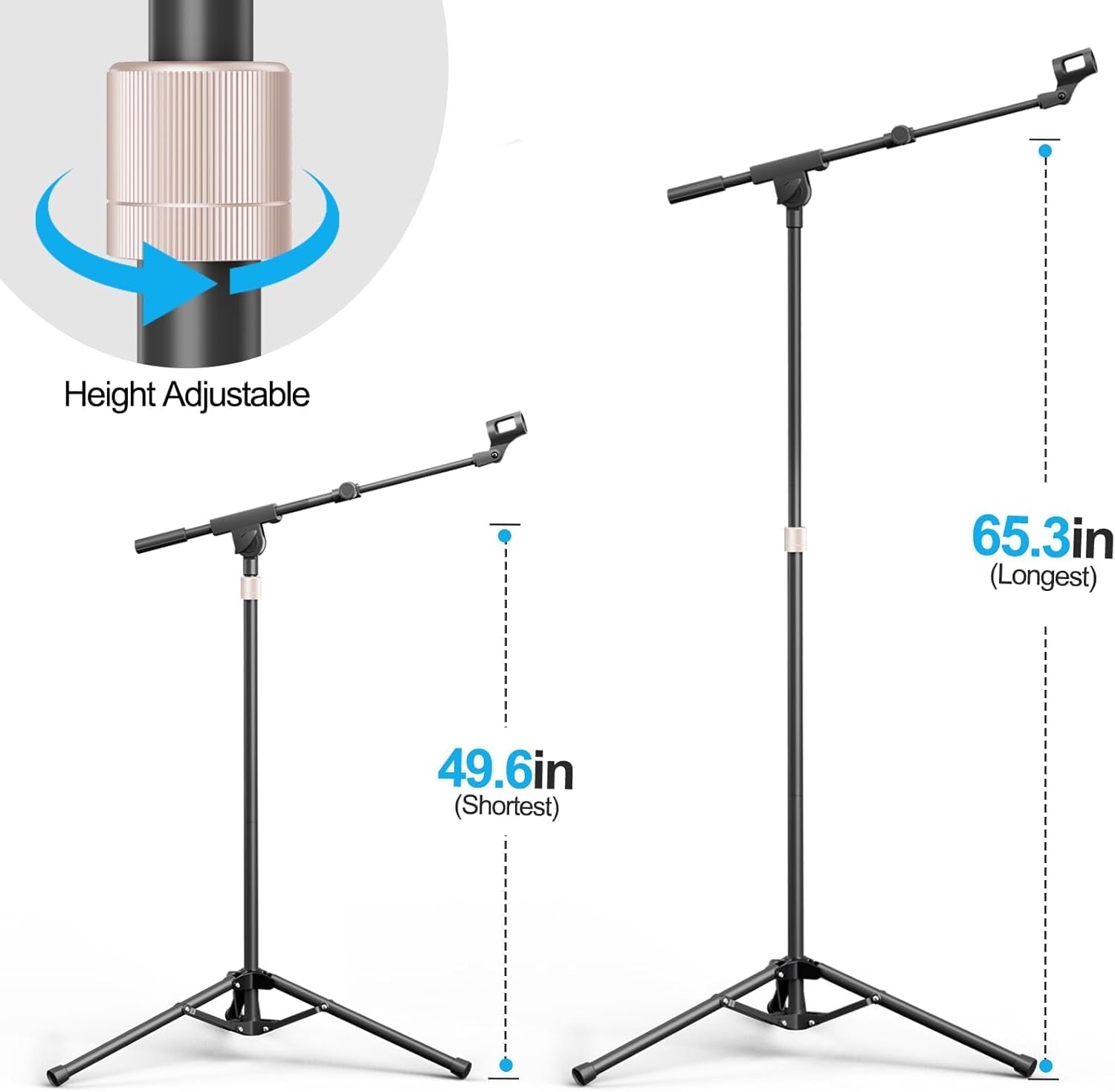 Mic Stand with Boom Arm, Heavy Duty Tripod Microphone Stand Floor Holder Height Adjustable with Carrying Bag and 2 Mics Clips for Singing Performance, Home Studio Recording, Podcast and Stage