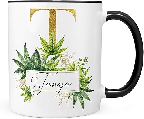 Personalized Name and Initial Botanical Leaves Ceramic Coffee Mug, 11 or 15 oz