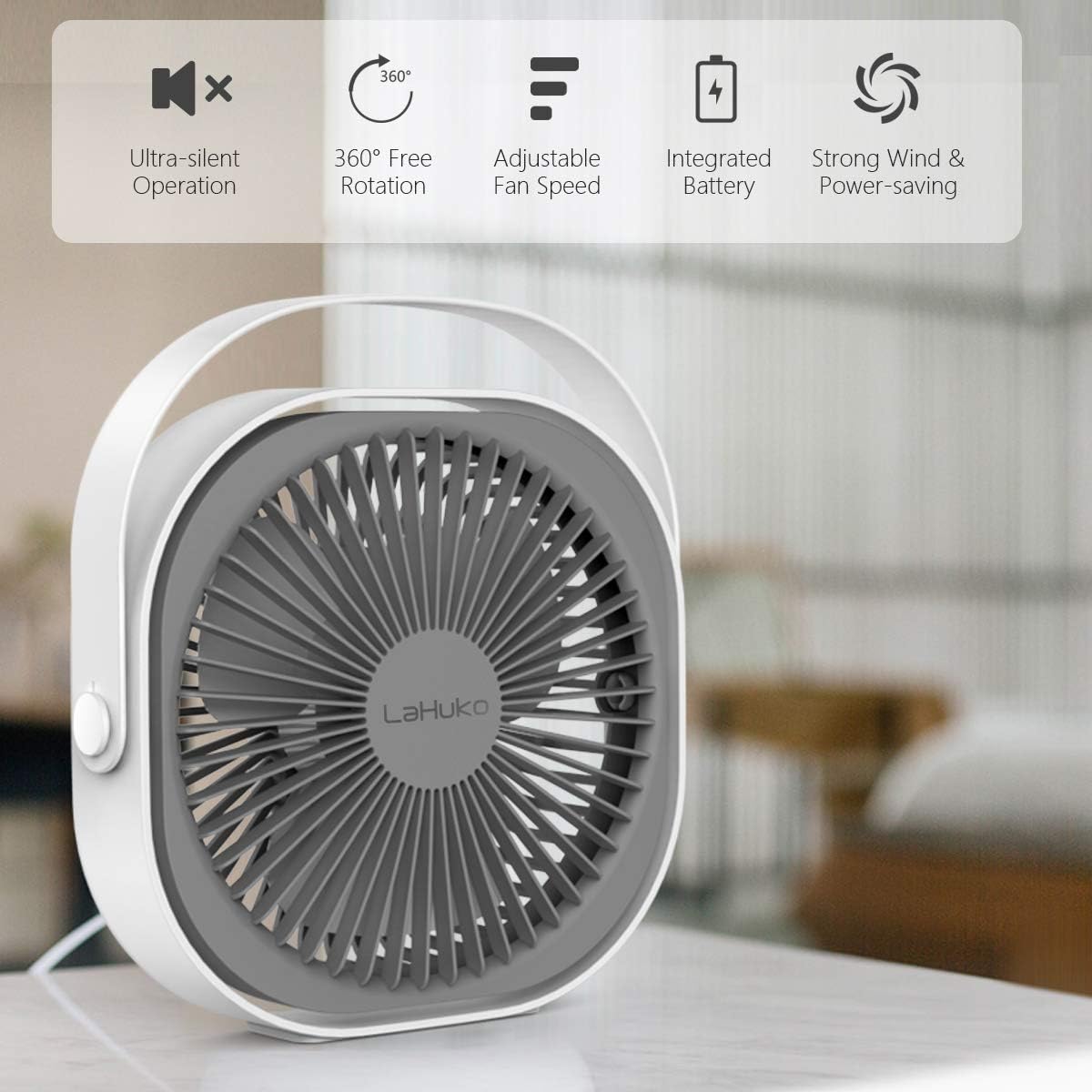 LaHuko 8-inch USB Desk Fan 4000mAh Ultra Silent Fast Air Circulating Rechargeable Fan 360° Adjustable 3 Modes Strong Wind Quiet Fan with Handle for Travel Office Bedroom Household (2021) : Electronics