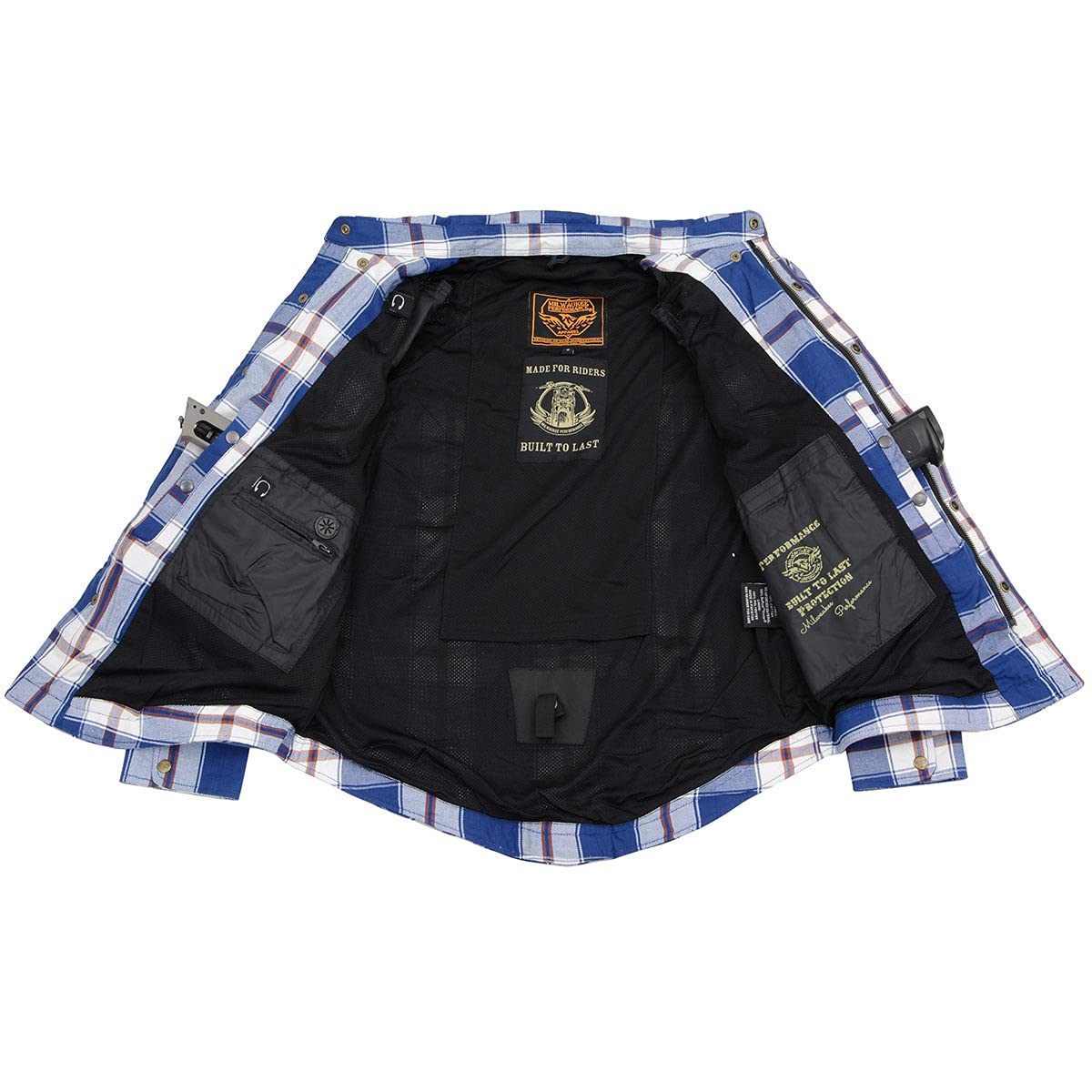 Milwaukee Leather Mens Plaid Flannel Biker Shirt with Aramid Fiber and Armor - Large Blue — view 7