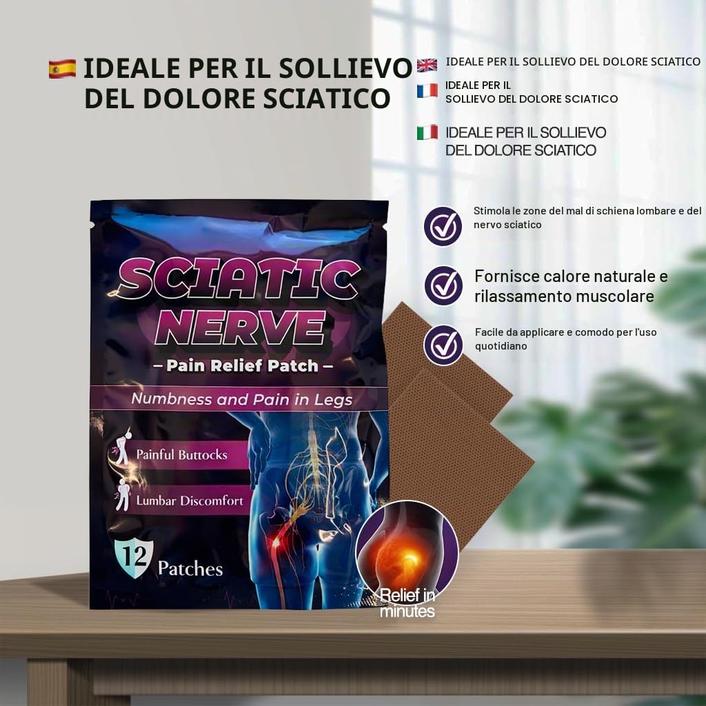 Patch Sciatico 60 Pezzi – Patch Riscaldante per Dolore al Nervo Sciatico, Lombari, Schiena e Articolazioni, Sollievo Muscolare Naturale, Tessuto Traspirante e Flessibile, Formula con Estratti Vegetali