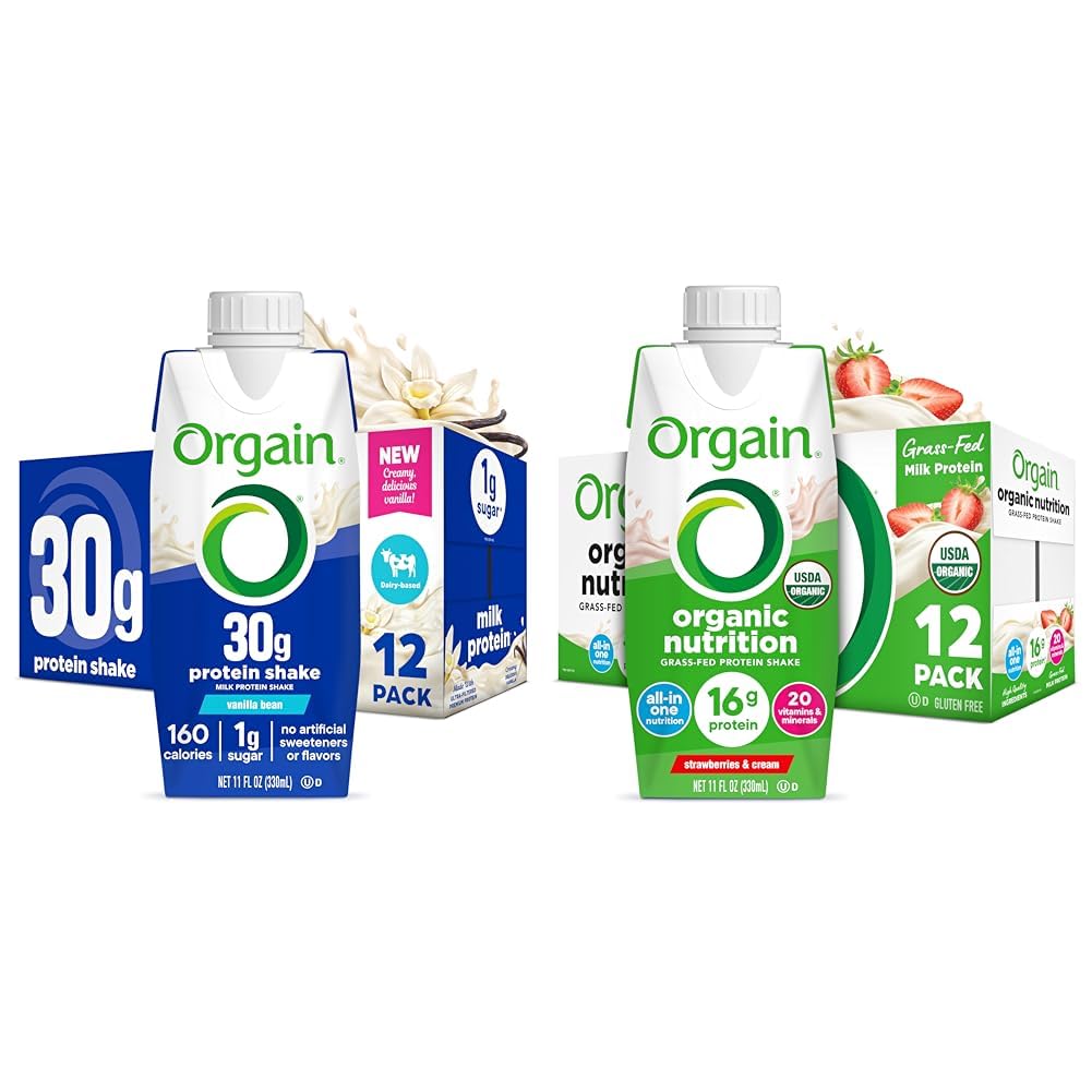 Bundle of Orgain 30g High Protein Shake Vanilla Bean, 5g BCAAs, 11 Fl Oz + Orgain Organic Nutritional Protein Shake, Strawberries & Cream, 16g Grass Fed Whey Pr
