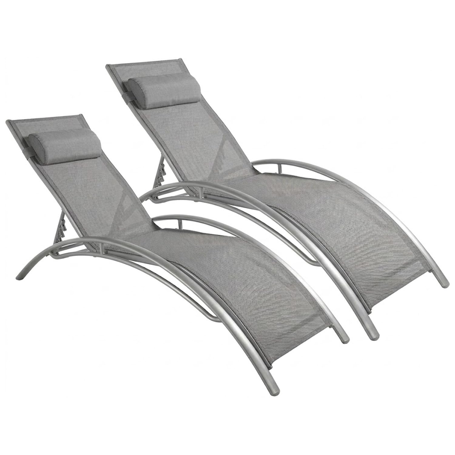 Set 2 Lettini Prendisole Reclinabili Da Giardino Con Schienale Regolabile 5 Posizioni In Textilene Traspirante Per Piscina Terrazza Relax Outdoor 59 x 158 x 81.5 Cm Grigio