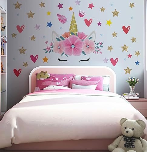 Miniatura 4 de Calcomanías de pared de cuerno de unicornio, decoración rosa, cara de unicornio, estrella de corazón, calcomanías de pared para dormitorio de niña,