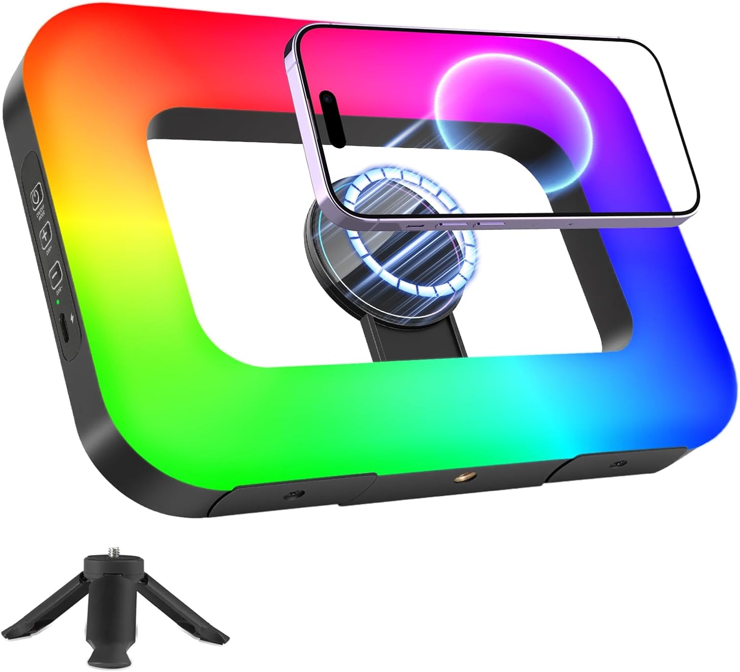 Magnetic RGB Selfie Ring Light for iPhone and Android (with Mini Tripod), Double-Sided Magnet Handheld Stabilizer LED Ring Light, Built-in Battery for YouTube, TikTok, Vlogging, Makeup