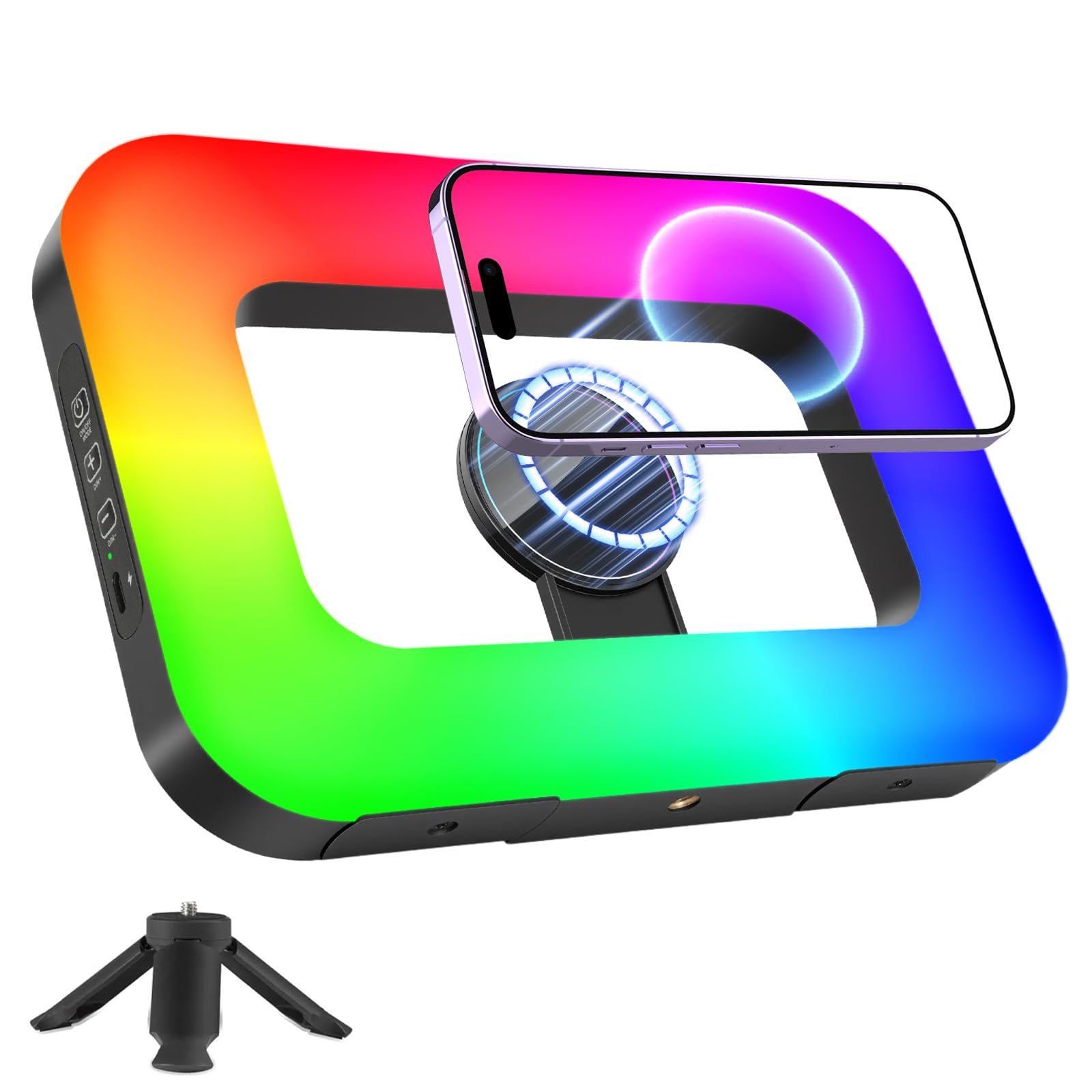 Anello luminoso magnetico RGB per selfie per iPhone e Android (con mini treppiede), magnete a doppio lato, stabilizzatore portatile a LED, batteria integrata per YouTube, TikTok, Vlogging