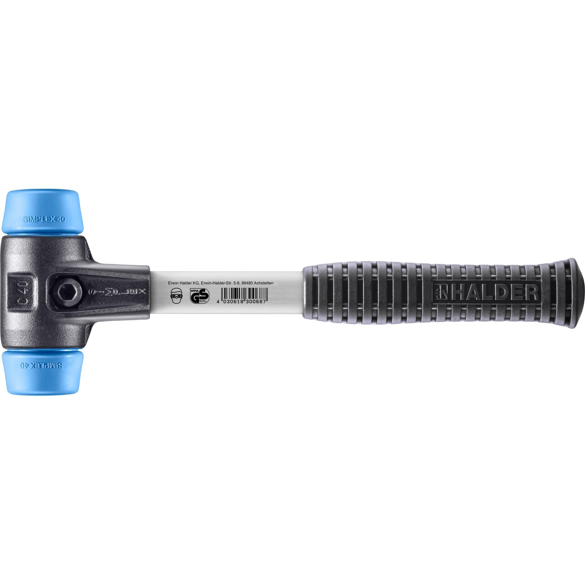 Halder Simplex Soft-Faced Mallet 3001.040 – TPE–Soft Inserts, Reinforced Cast Iron Housing, Fiber Glass Handle with Non-Slip Rubber Grip, 40mm, 1.9