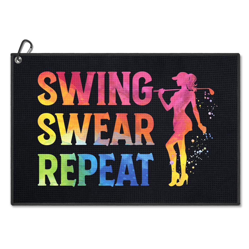 WUUCKOO Swing Swear Repeat Golf Towel, Funny Golf Bag Towels for Women with Clip, Golf Accessories for Women, Ladies Golf Towel, Golf Gifts for Women Golfer Golf Lover Sister, Woman Golf Towel B