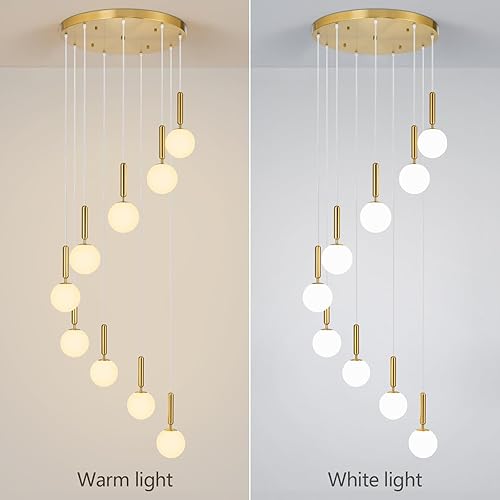 Miniatura 5 de Candelabro dorado de 9 luces con cristal blanco leche de mediados de siglo moderno globo colgante luz para vestíbulo, sala de estar, entrada, pasillo