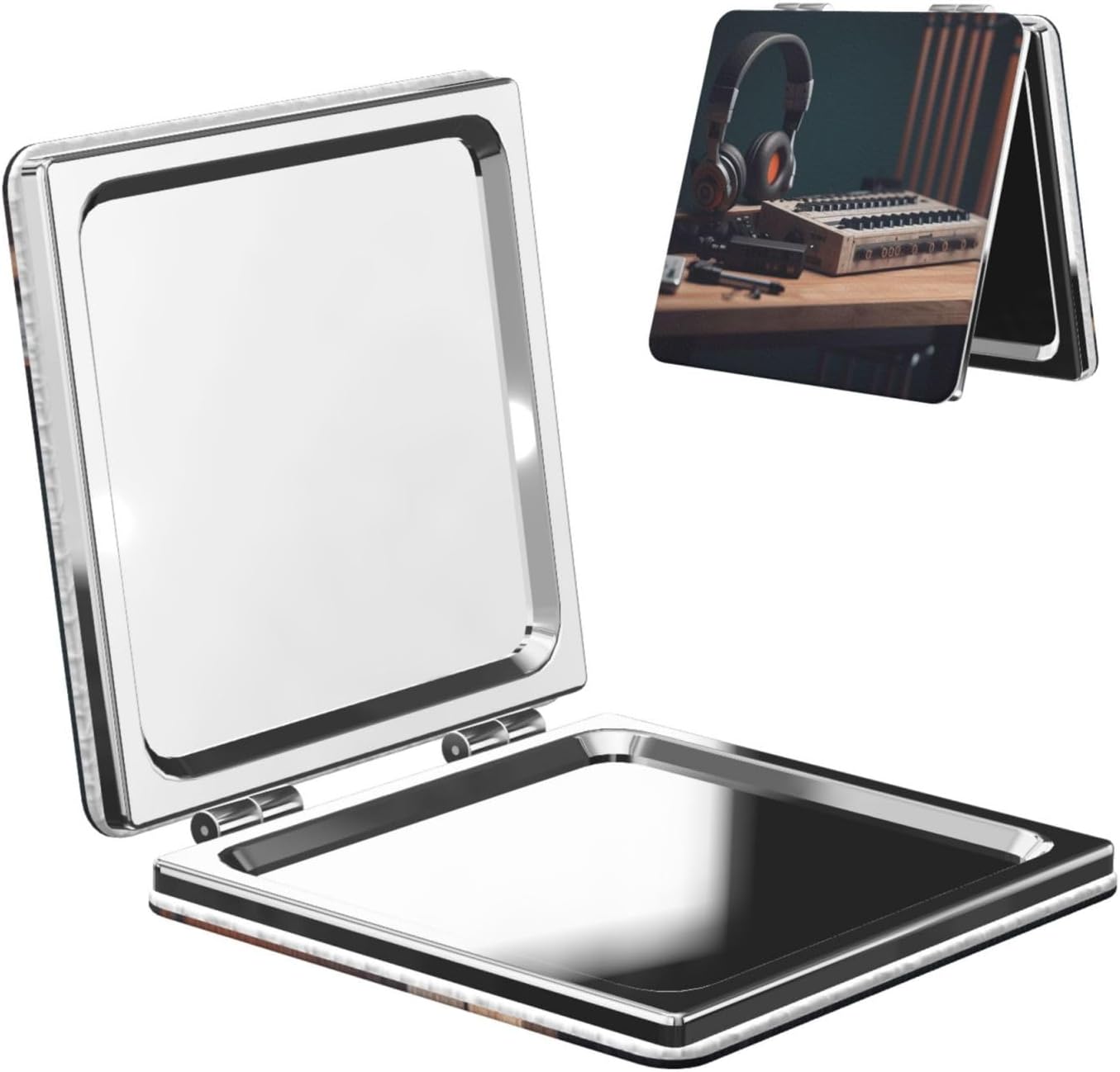 Travel Makeup Mirror Portable Compact Mirror Recorder with Headphones Makeup Mirror Double-Sided Pocket Mirror Magnifying 1x/2x PU Leather Travel Mirror for Daily Work Business Square