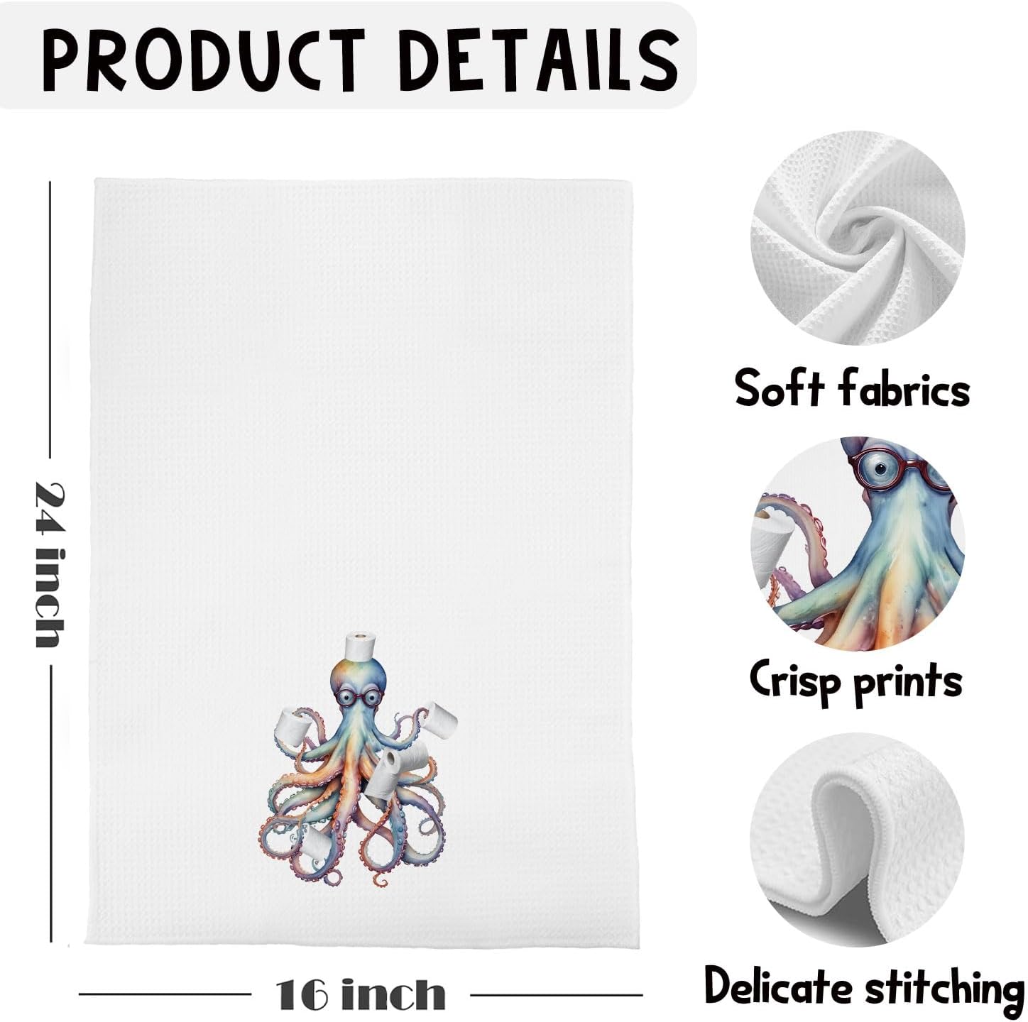 Funny Octopus Bathroom Hand Towels, Coastal Beach Bathroom Decor, Ocean Octopus Nautical Beachy Decorative Hand Towels for Washroom Toilet Restroom, 16x24 Inches Set of 4