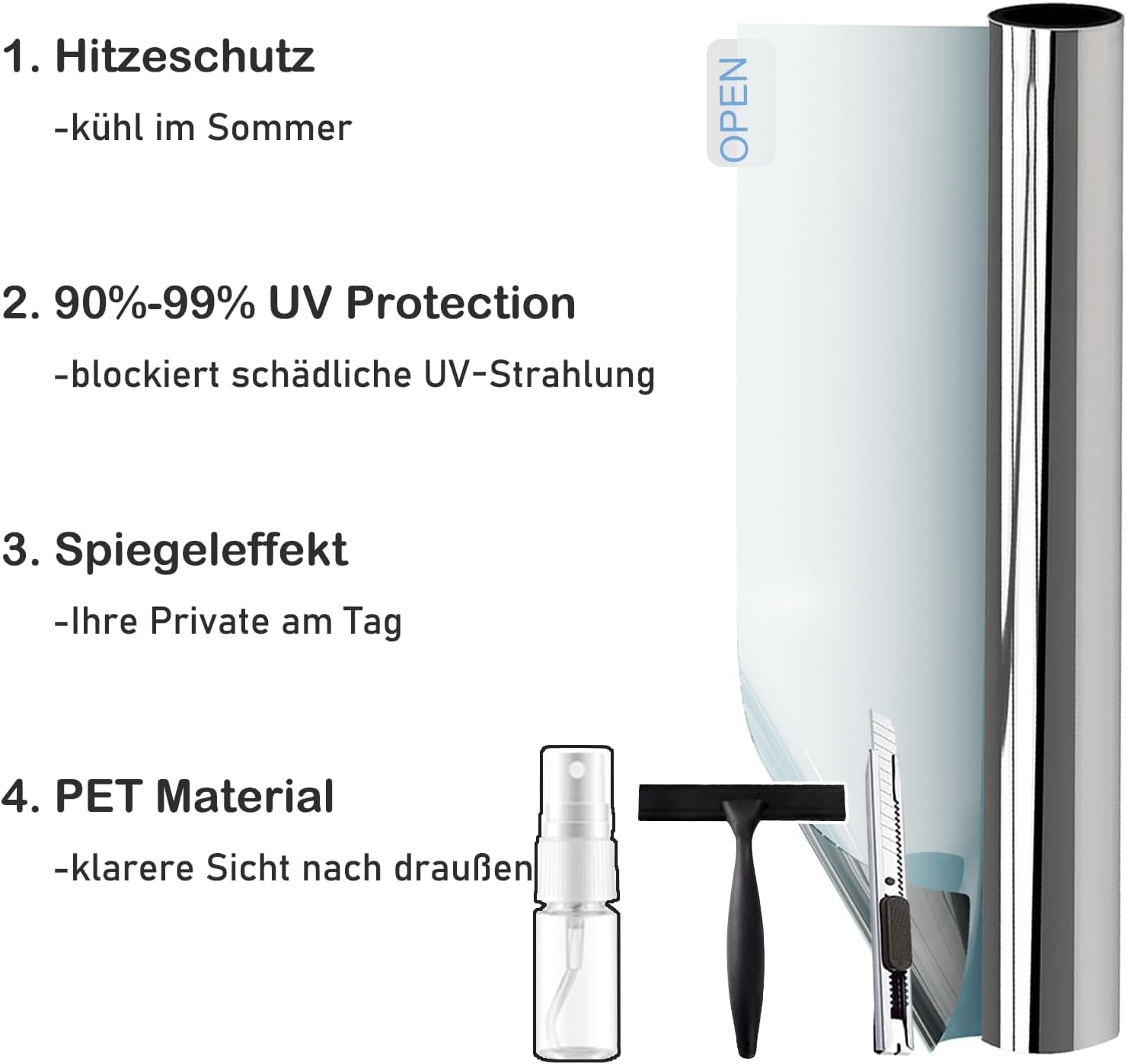 Hitzeschutzfolie Fenster Silber(60X400cm) Sonnenschutzfolie Spiegelfolie UV Folie Sonnenschutz Hitzeschutz innen oder außen Fensterfolie Rückstandslose Selbstklebend Wärmeshutzfolie