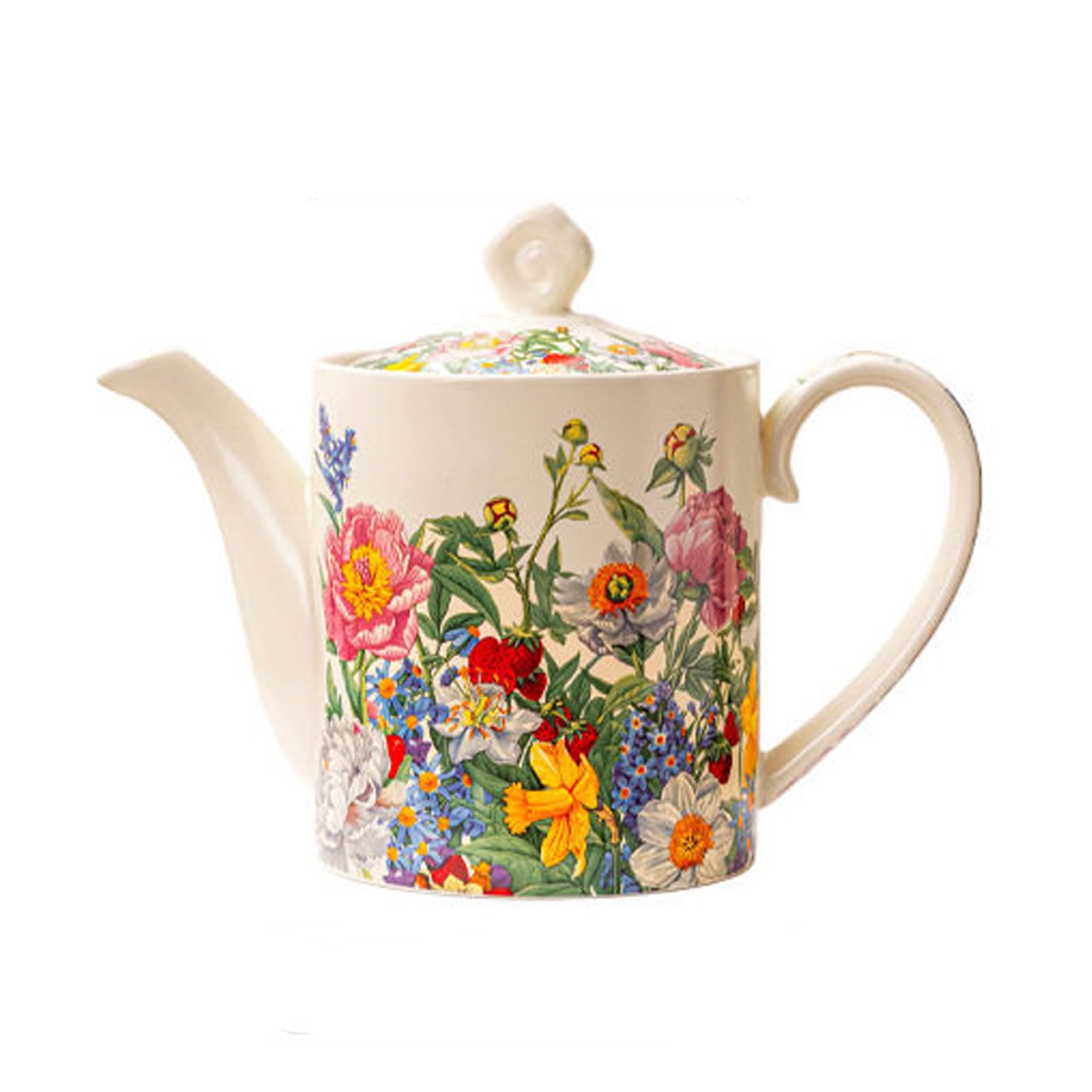 Keramik Teekanne 750ml Weiß Bunter Blumen Druck Integrierter Sieb Einschenktülle mit Blütenknauf HitzebestäNdiger FüR Losen Tee
