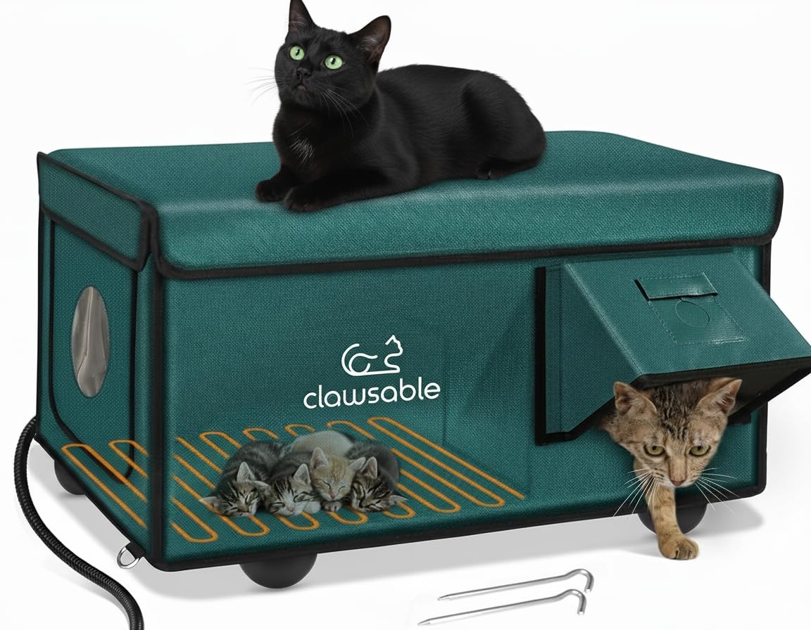 Indestructible Heated Cat House for Outside Cats Winter, 100% Weatherproof, Safe Escape Door, Insulated Outdoor Cat Shelter with Heater for Feral Barn Cat Kitty (Forest Green, 26"x17"x14")