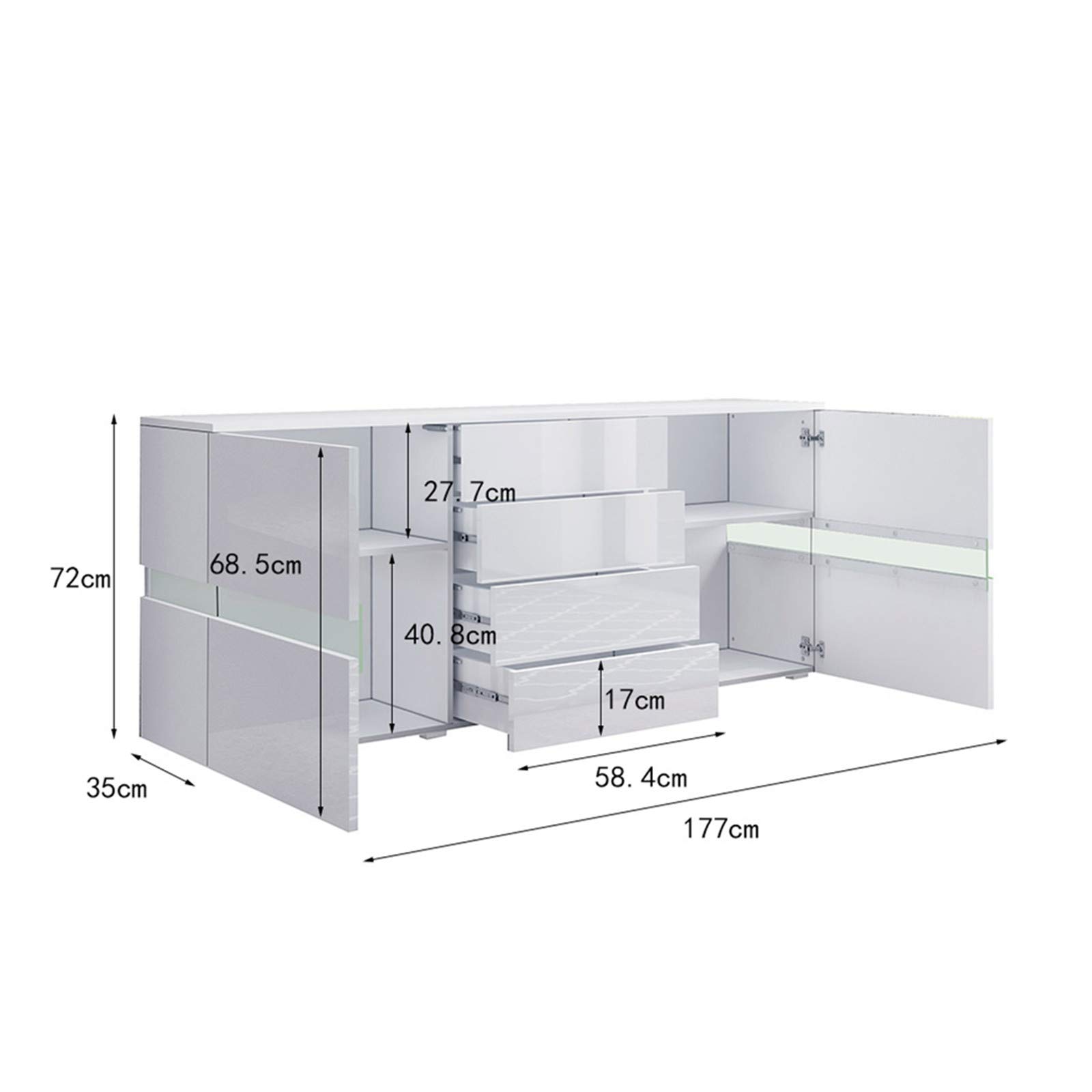 Sideboard Kommode in Hochglanz Weiß Highboard Anrichte Standschrank mit 2 Türen 4 Schubladen und LED Beleuchtung 177 cm